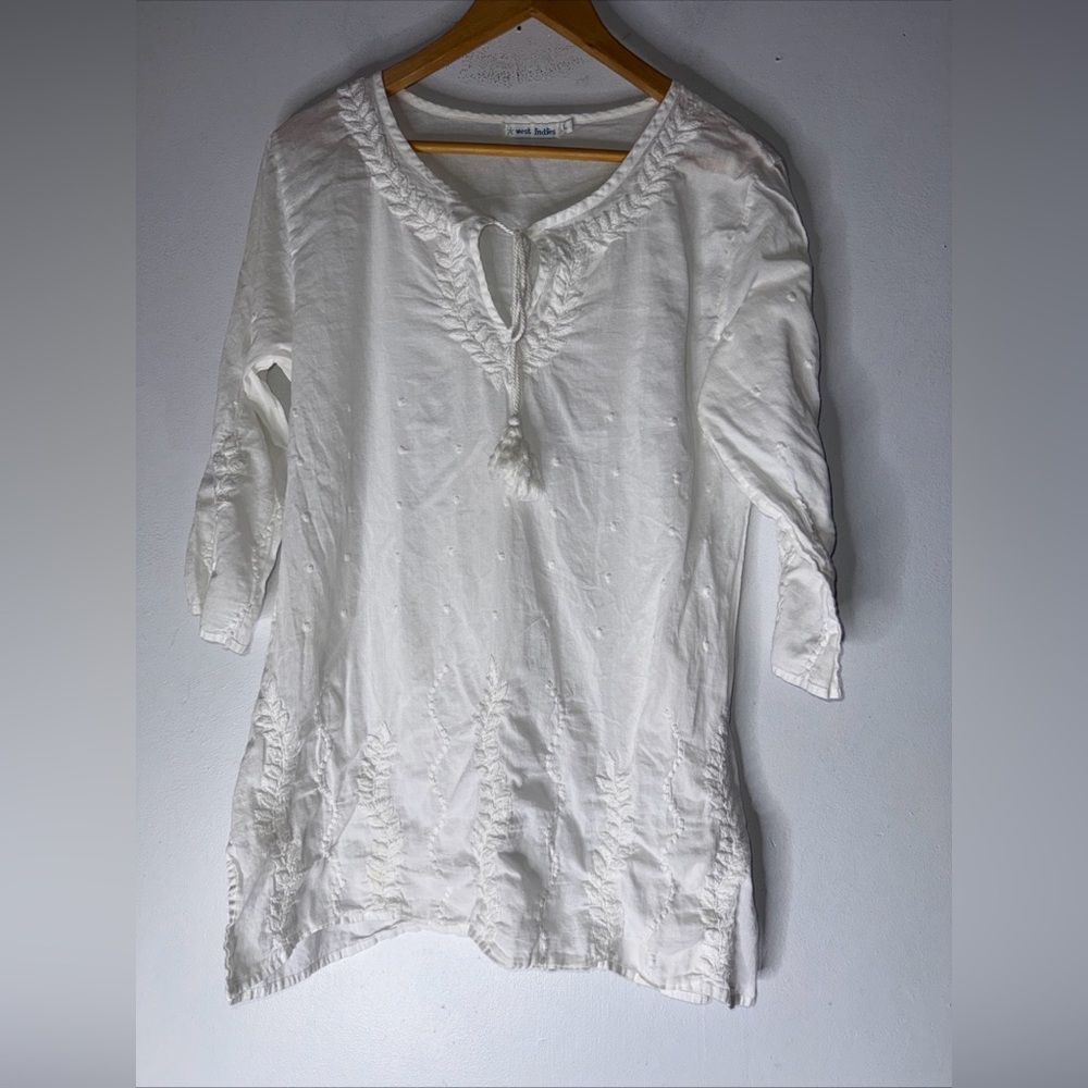West Indies White Tunic‎ Cotton Swim Cover Embroidery Detail Large
